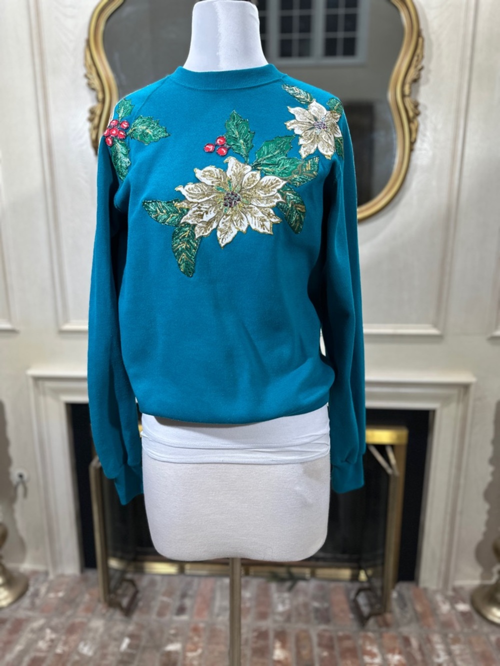 Lee Sweatshirt‎ Large Vintage Poinsettia Christmas Grandma Core Kitsch